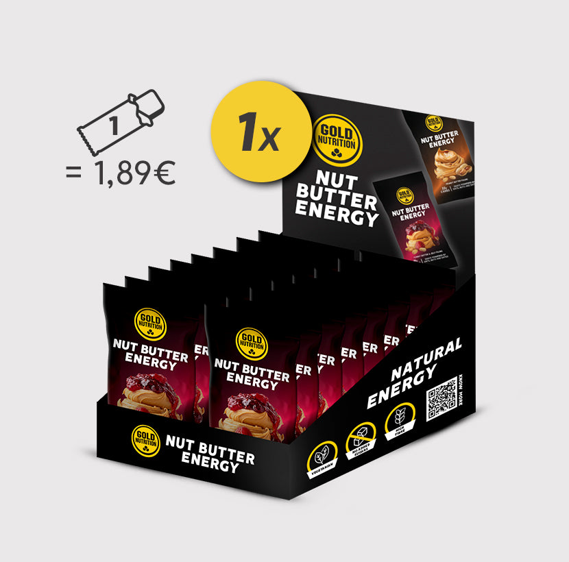 Pote de manteiga de amendoim GoldNutrition Nut Butter Energy, sabor peanut jelly, com embalagem visível em fundo branco.