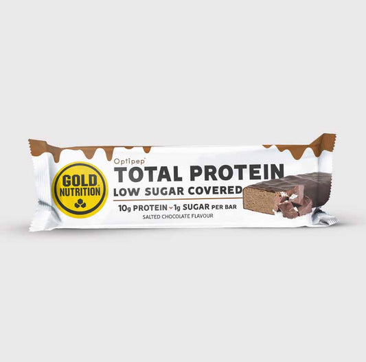 Produto de proteína total GoldNutrition com cobertura de chocolate salgado e baixo teor de açúcar.