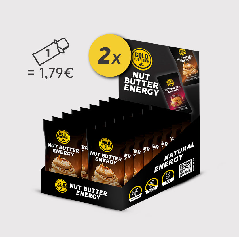 Duas caixas de manteiga de amendoim Nut Butter Energy da GoldNutrition, com potes de manteiga de amendoim natural e nutritiva.