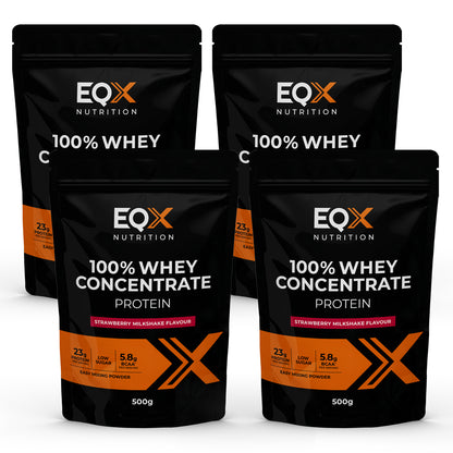 Pack EQX 100% Whey Concentrate Protein Strawberry Milkshake com 4 embalagens de 500 g, 2kg no total.