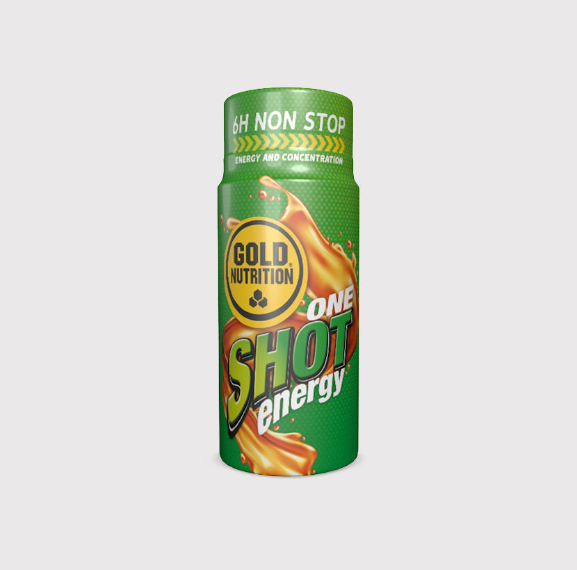 Lata de One Shot Energy da GoldNutrition, bebida energética com embalagem azul e dourada, pronta para consumo.