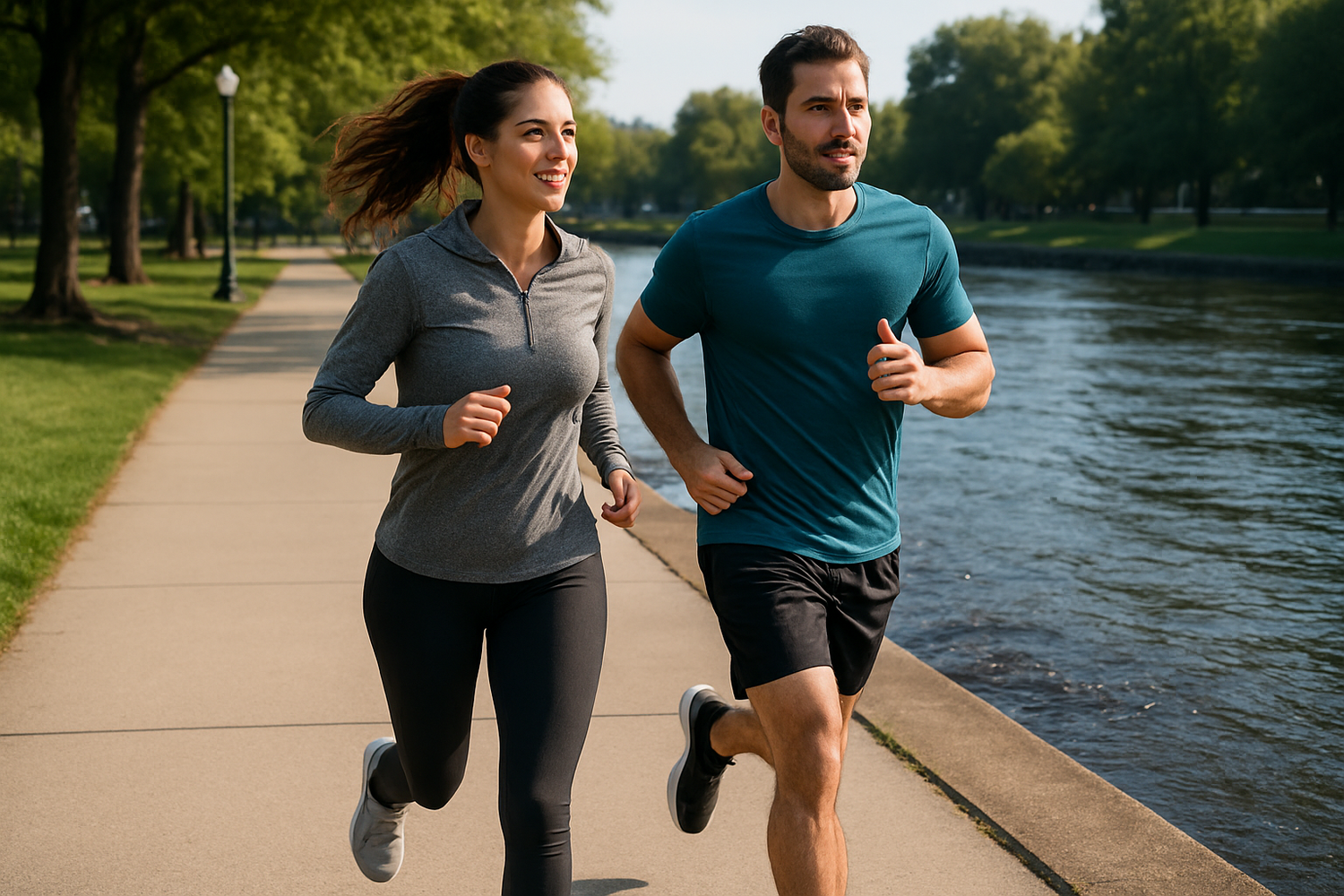 a photoreaalistic image of a couple running on the sidewalk next to a river