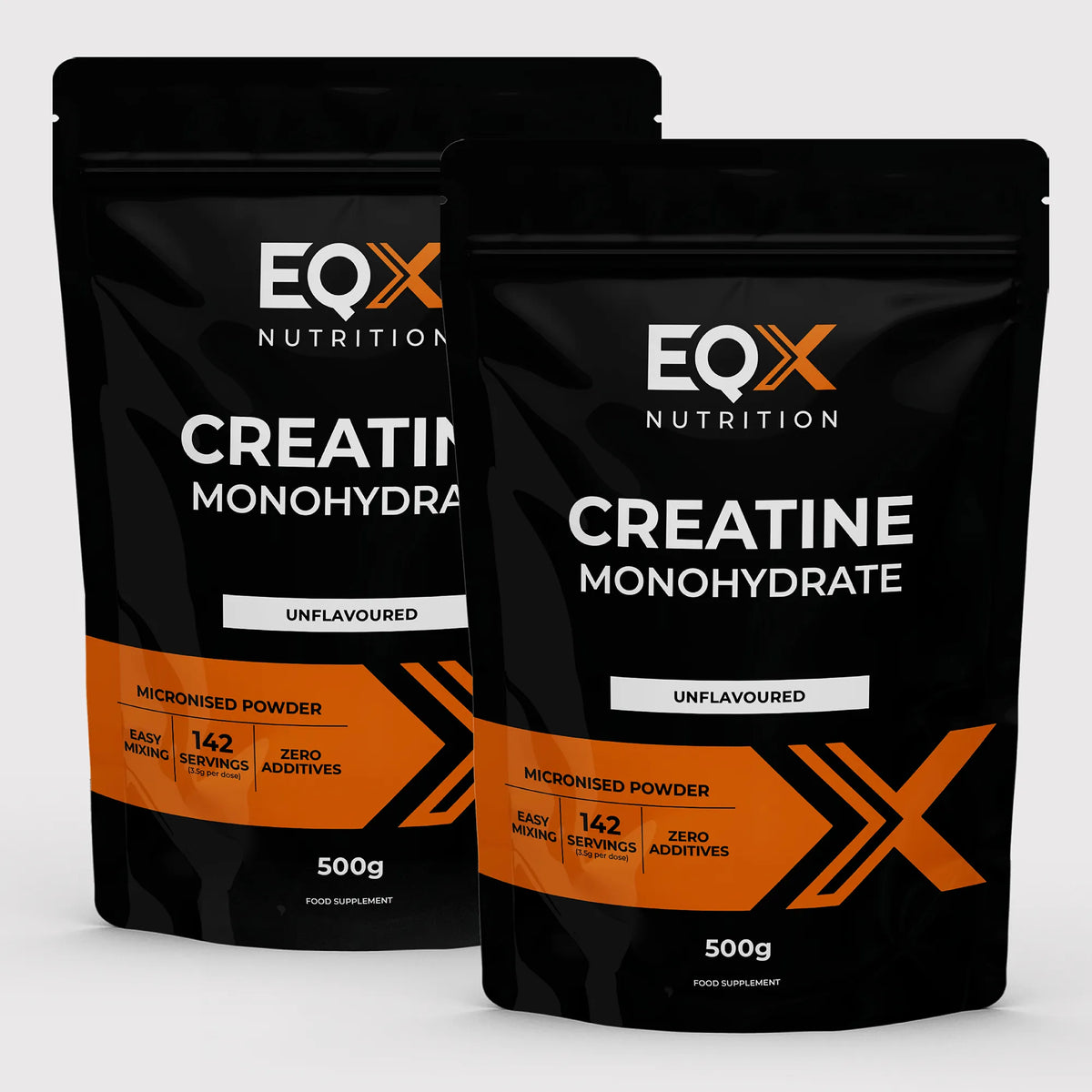Embalagem EQX Creatine Monohydrate 2x500 g, creatina monohidratada micronizada sem sabor, vista frontal.
