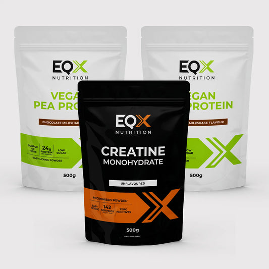 EQX Vegan Performance Pack com proteína de ervilha Chocolate Milkshake 2 × 500 g e creatina sem sabor 500 g.