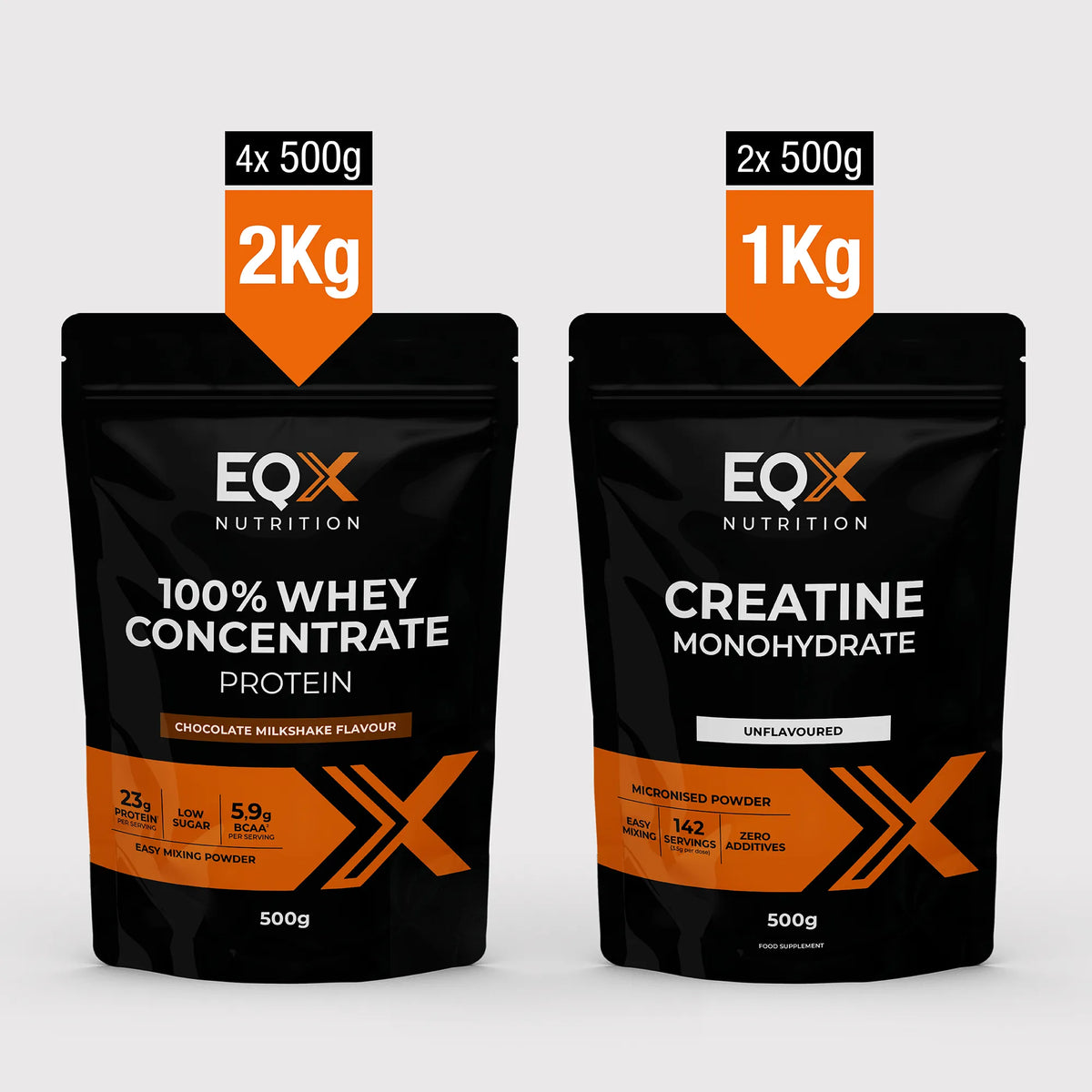 EQX Whey Max Pack com proteína whey Chocolate Milkshake 4 × 500 g e creatina sem sabor 2 × 500 g.