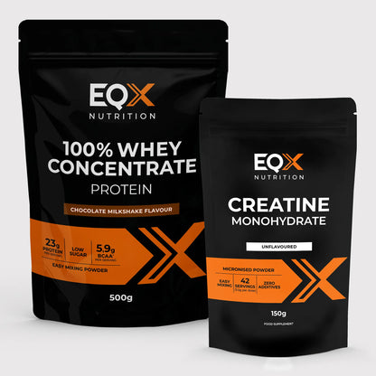EQX Whey Starter Pack com proteína whey Chocolate Milkshake 500 g e creatina sem sabor 150 g.