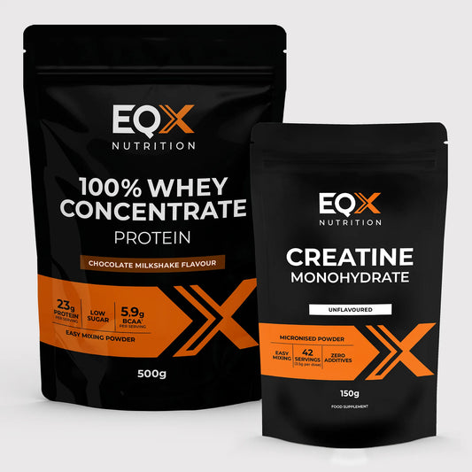 EQX Whey Starter Pack com proteína whey Chocolate Milkshake 500 g e creatina sem sabor 150 g.