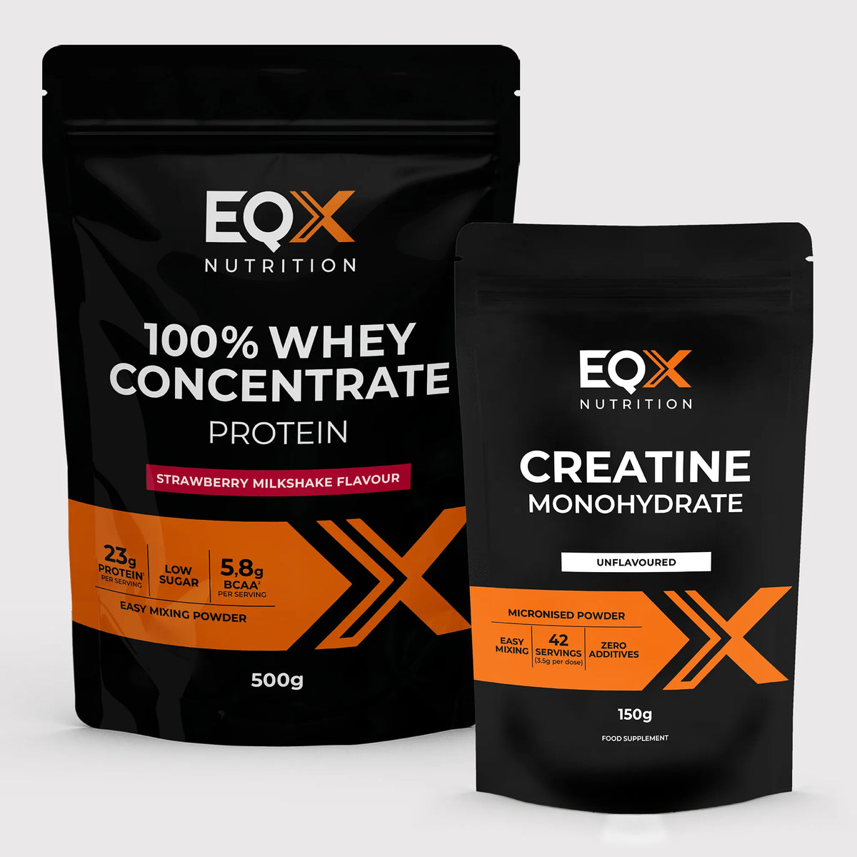EQX Whey Starter Pack com proteína whey Strawberry Milkshake 500 g e creatina sem sabor 150 g.