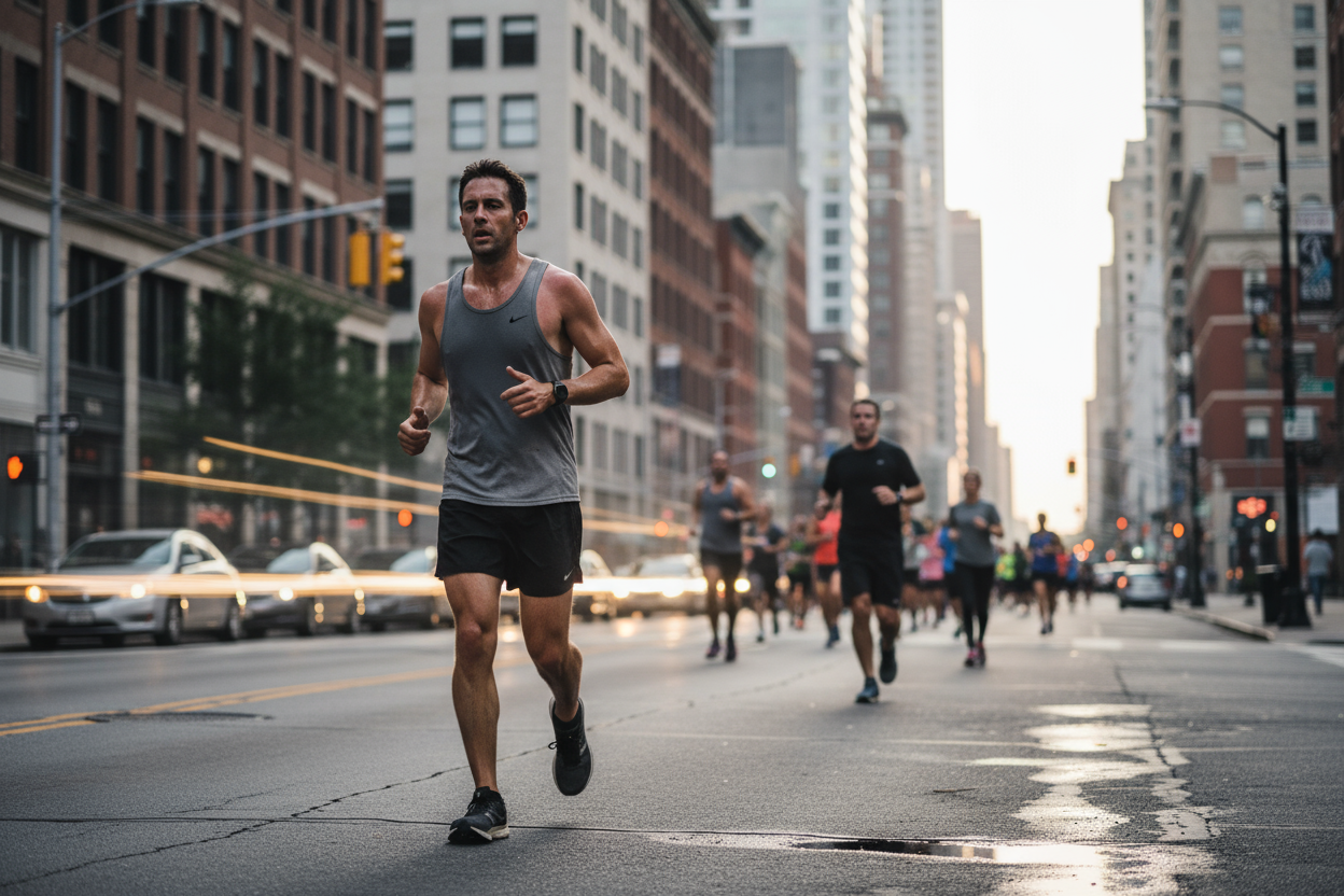 runner with a slightly tired face. he is running on the street. you can see behind him, but still far from the front of the image, other runners