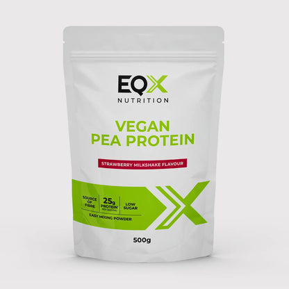 Embalagem EQX Vegan Pea Protein Strawberry Milkshake 500 g, vista frontal